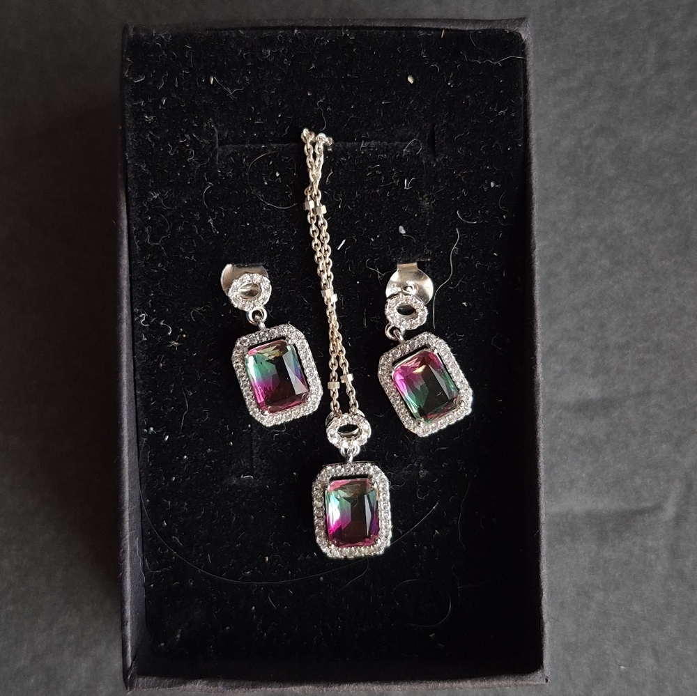 .925 Sterling Silver Colorful Pendant with Necklace and Earrings Jewelry Set